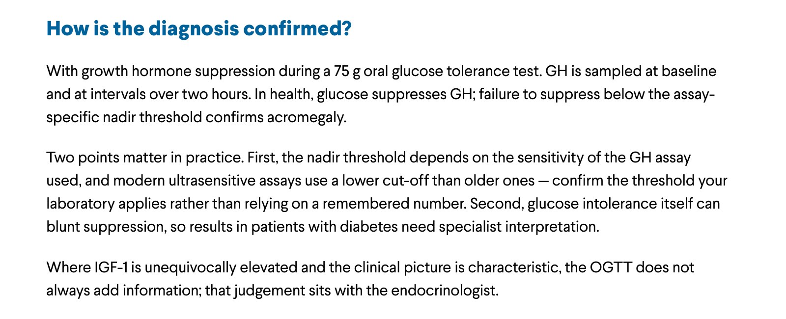 How is the diagnosis confirmed? With growth hormone suppression during a 75 g oral glucose tolerance test. GH is sampled at baseline and at intervals over two hours. In health, glucose suppresses GH; failure to suppress below the assay-specific nadir threshold confirms acromegaly. Two points matter in practice. First, the nadir threshold depends on the sensitivity of the GH assay used, and modern ultrasensitive assays use a lower cut-off than older ones — confirm the threshold your laboratory applies rather than relying on a remembered number. Second, glucose intolerance itself can blunt suppression, so results in patients with diabetes need specialist interpretation. Where IGF-1 is unequivocally elevated and the clinical picture is characteristic, the OGTT does not always add information; that judgement sits with the endocrinologist.