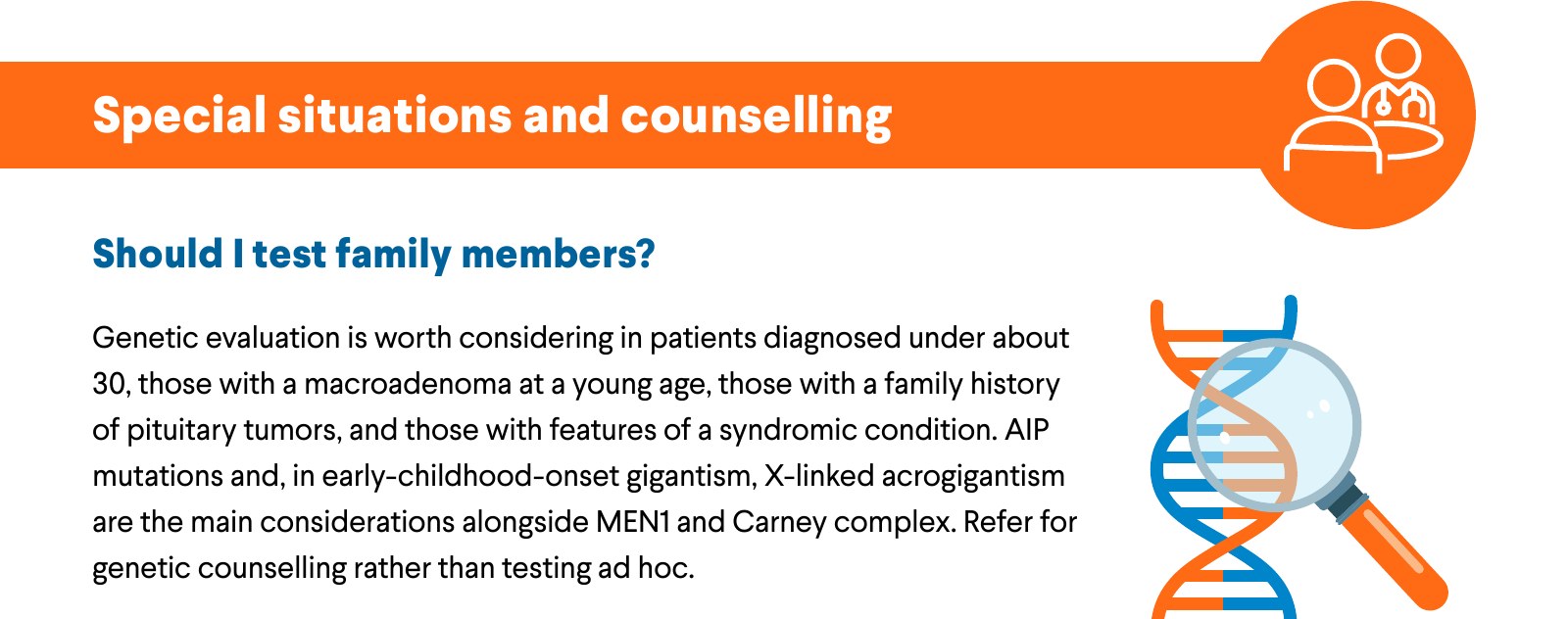 Special situations and counselling. Should I test family members? Genetic evaluation is worth considering in patients diagnosed under about 30, those with a macroadenoma at a young age, those with a family history of pituitary tumors, and those with features of a syndromic condition. AIP mutations and, in early-childhood-onset gigantism, X-linked acrogigantism are the main considerations alongside MEN1 and Carney complex. Refer for genetic counselling rather than testing ad hoc.